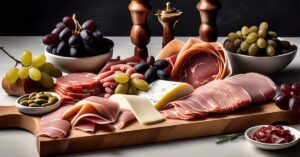 Półmisek wędlin: Dekoracyjne układanie wędlin na stół, deska, talerz.